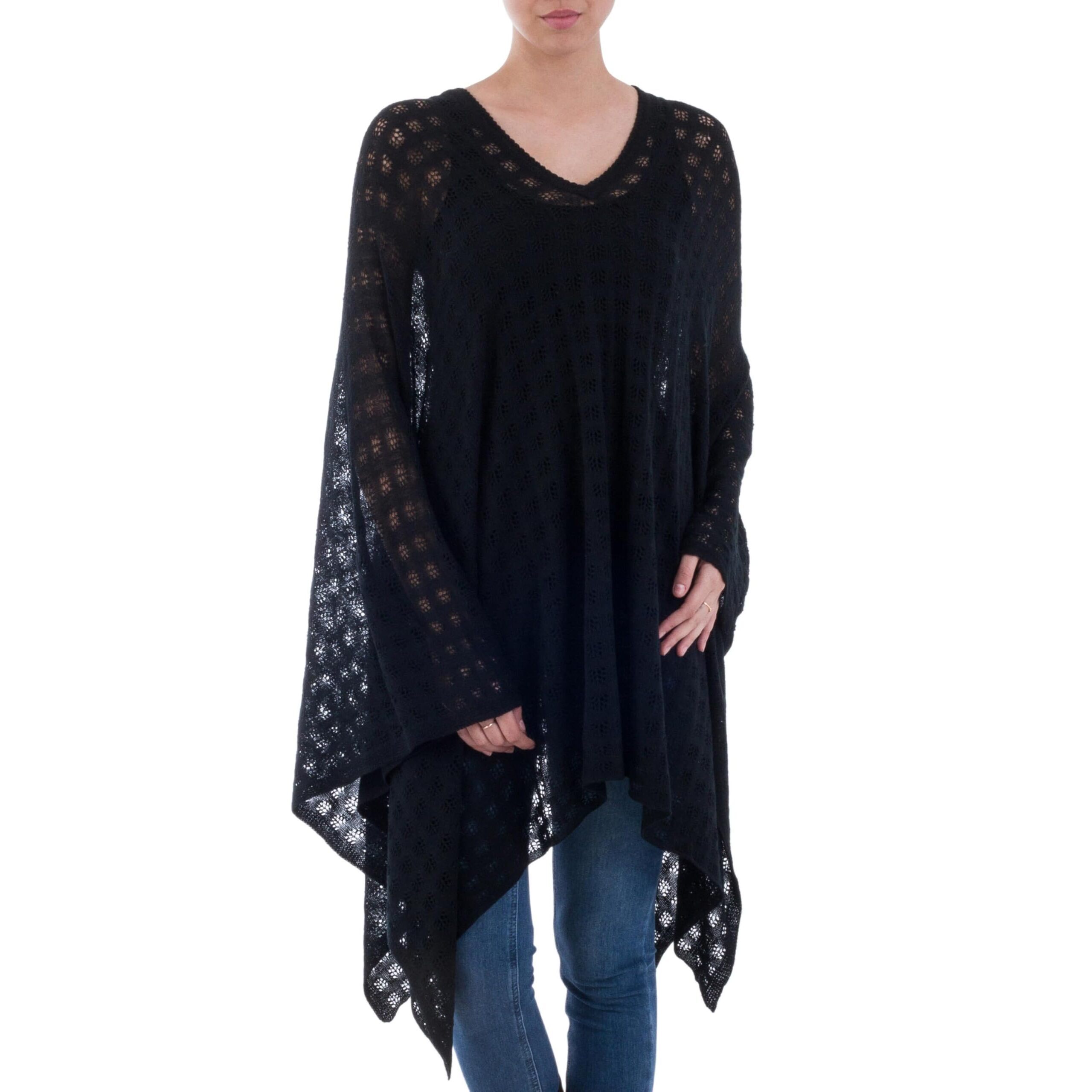 1665 Artisan Handmade Baby Alpaca Blend Poncho Black Bohemian Style One